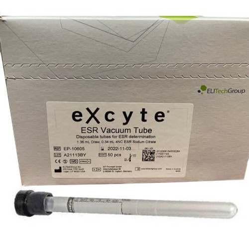 Excyte Vacuum Tube Venous Blood Collection Tube Erythrocyte Sedimentation Rate ESR Sodium Citrate Additive 120 mm Length 1.36 mL Black Conventional Closure Plastic Tube EP-10605 Box/50