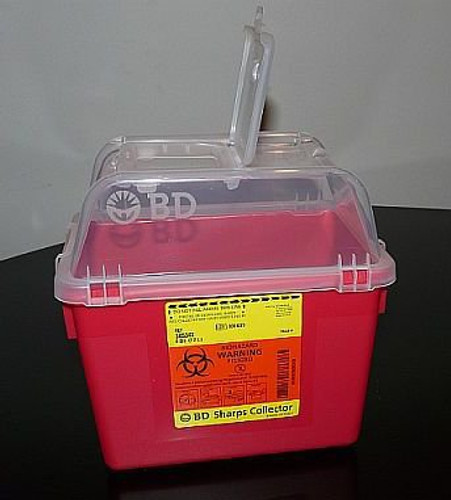 Sharps Container BD 10-3/10 X 11-3/10 X 6-4/5 Inch 8 Quart Red Base / Clear Lid Vertical Entry Hinged Snap On Lid 305343