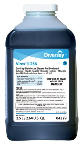 Diversey Virex II 256 Surface Disinfectant Cleaner Quaternary Based J-Fill Dispensing Systems Liquid Concentrate 2.5 Liter Bottle Mint Scent NonSterile DVS04329 Case/2