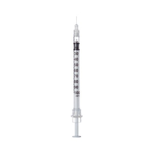 Insulin Syringe with Needle Sol-Care 1 mL 30 Gauge 1/2 Inch Attached Needle Retractable Needle 100081IM Box/100