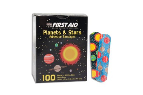 Adhesive Strip American White Cross 5/8 X 2-1/4 Inch Plastic Rectangle Kid Design Planets / Stars Sterile 15661