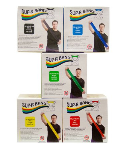 Exercise Resistance Band Set Sup-R Band Yellow / Red / Green / Blue / Black 5 Inch X 6 Yard X-Light to X-Heavy Resistance 10-6318 Each/1