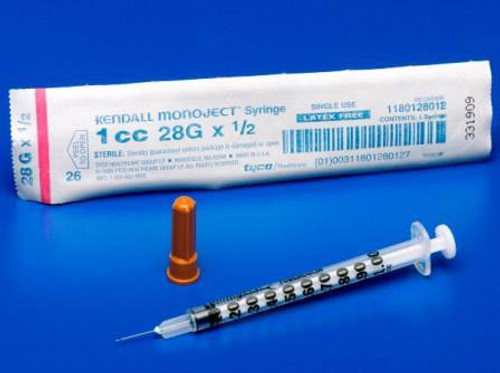 Tuberculin Syringe with Needle Monoject 1 mL 28 Gauge 1/2 Inch Attached Needle Without Safety 1180128012 Box/100