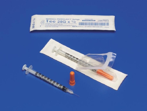 Insulin Syringe with Needle Monoject 1 mL 28 Gauge 1/2 Inch Attached Needle Without Safety 1188128012 Insulin Syringe with Needle Monoject 1 mL 28 Gauge 1/2 Inch Attached Needle Without Safety 1188128012