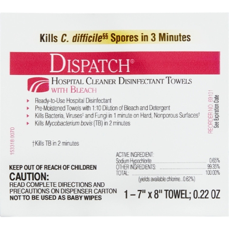 Surface Disinfectant Cleaner Dispatch w/Bleach Premoistened Wipe 50 Count Individual Packet Manual Pull Fruity Floral Bleach Scent 69101 Box/50