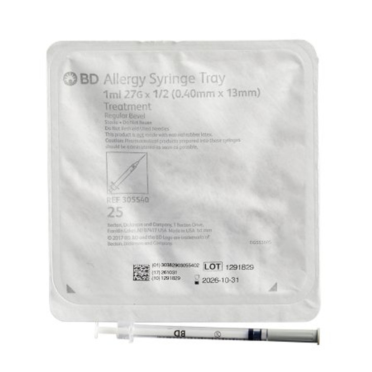 Allergy Tray PrecisionGlide 1 mL 27 Gauge 1/2 Inch Attached Needle Without Safety 305540 Case/1000