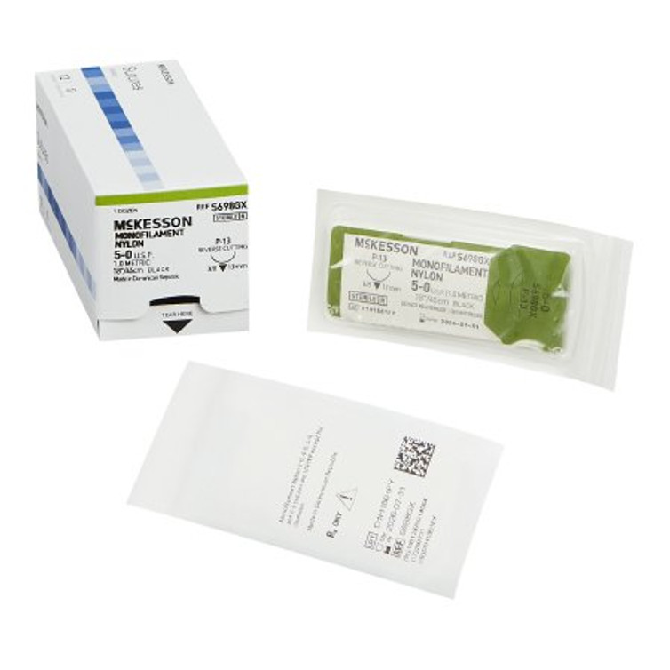 Suture with Needle McKesson Nonabsorbable Black Monofilament Nylon Size 5-0 18 Inch Suture 1-Needle 13 mm 3/8 Circle Reverse Cutting Needle S698GX Box/12