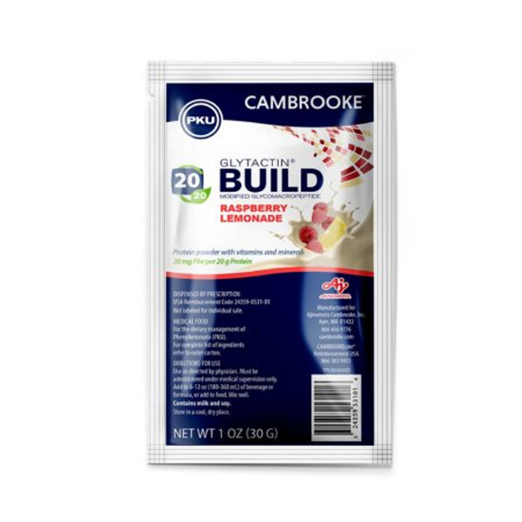 PKU Oral Supplement Glytactin BUILD 20/20 Raspberry Lemonade Flavor 1.1 oz. Individual Packet Powder 35312 Each/1
