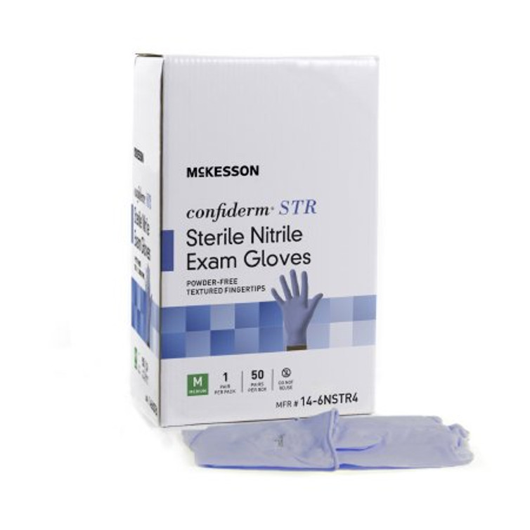Exam Glove McKesson Confiderm STR Medium Sterile Pair Nitrile Standard Cuff Length Textured Fingertips Blue Not Chemo Approved 14-6NSTR4