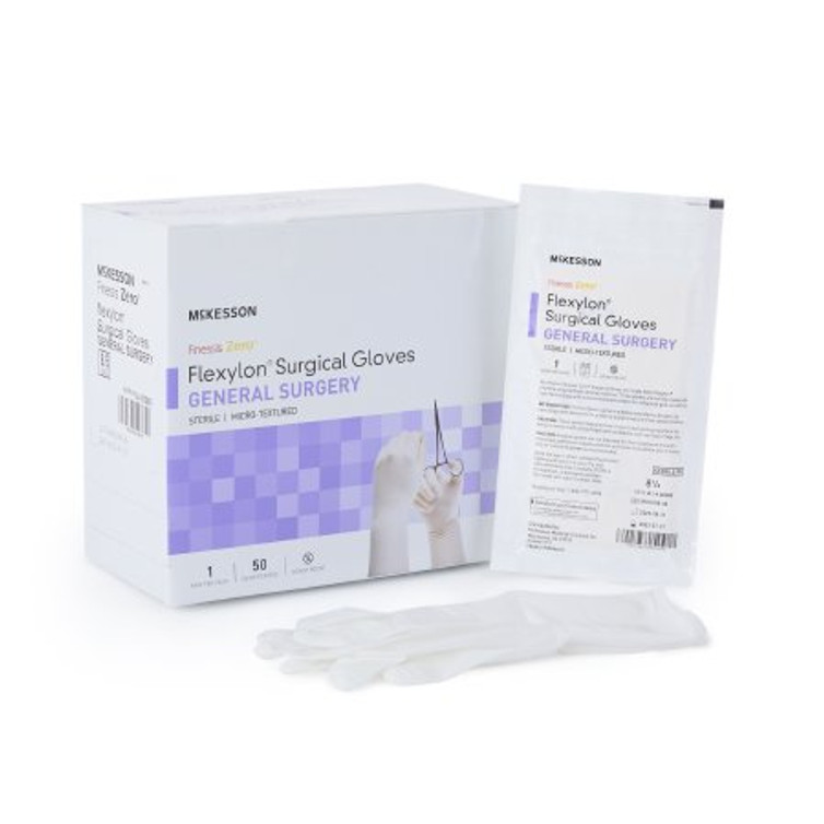 Surgical Glove McKesson Finessis Zero Size 8.5 Sterile Pair Flexylon Synthetic Extended Cuff Length Micro-Textured White Chemo Tested 14-92085