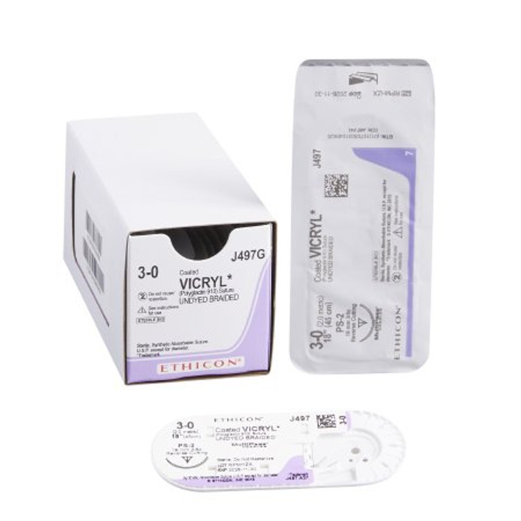 Suture with Needle Coated Vicryl Absorbable Coated Undyed Suture Braided Polyglactin 910 Size 3 - 0 18 Inch Suture 1-Needle 19 mm Length 3/8 Circle Precision Point - Reverse Cutting Needle J497G Box/12