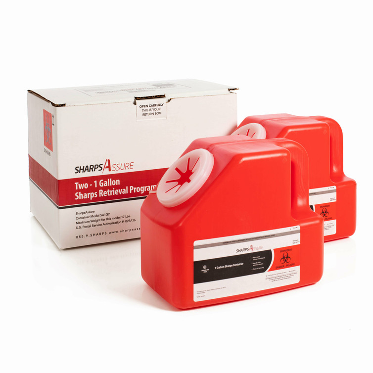 Mailback Sharps Container Sharps Assure 9 L X 5-1/2 W X 7-3/10 H Inch 1 Gallon Red Base / Translucent White Lid Vertical Entry Screw On Lid SA1G2 Each/1
