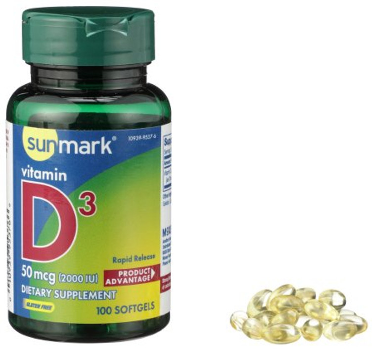 Vitamin Supplement sunmark Vitamin D3 2000 IU Strength Softgel 100 per Bottle 10939095376 Bottle/1