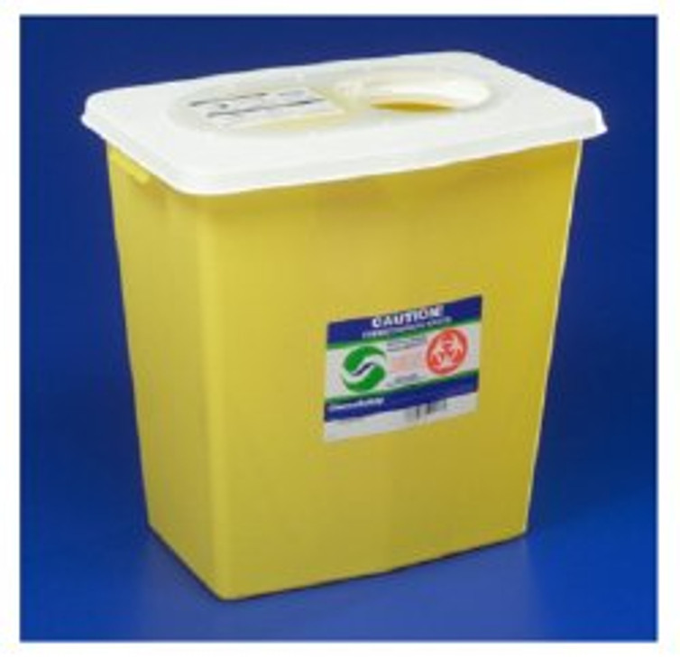 Chemotherapy Waste Container SharpSafety 17-3/4 H X 11 W X 15-1/2 D Inch 8 Gallon Yellow Base / White Lid Vertical Entry Gasketed Sliding Lid 8985S Case/10