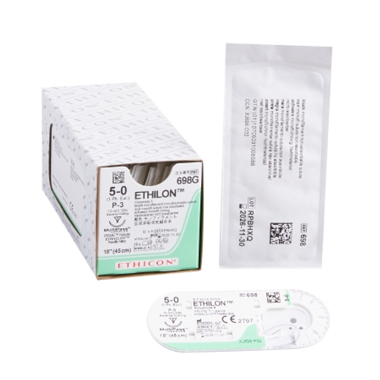 Suture with Needle Ethilon Nonabsorbable Uncoated Black Suture Monofilament Nylon Size 5 - 0 18 Inch Suture 1-Needle 13 mm Length 3/8 Circle Precision Point - Reverse Cutting Needle 698G Box/12