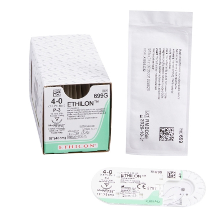 Suture with Needle Ethilon Nonabsorbable Uncoated Black Suture Monofilament Nylon Size 4 - 0 18 Inch Suture 1-Needle 13 mm Length 3/8 Circle Precision Point - Reverse Cutting Needle 699G Box/12