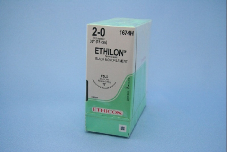 Suture with Needle Ethilon Nonabsorbable Uncoated Black Suture Monofilament Nylon Size 2 - 0 30 Inch Suture 1-Needle 36 mm Length 3/8 Circle Reverse Cutting Needle 1674H Box/36