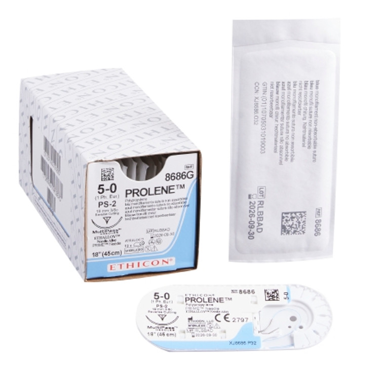 Suture with Needle Prolene Nonabsorbable Uncoated Blue Suture Monofilament Polypropylene Suture Size 5 - 0 18 Inch Suture 1-Needle 19 mm Length 3/8 Circle Precision Point - Reverse Cutting Needle 8686G Box/12