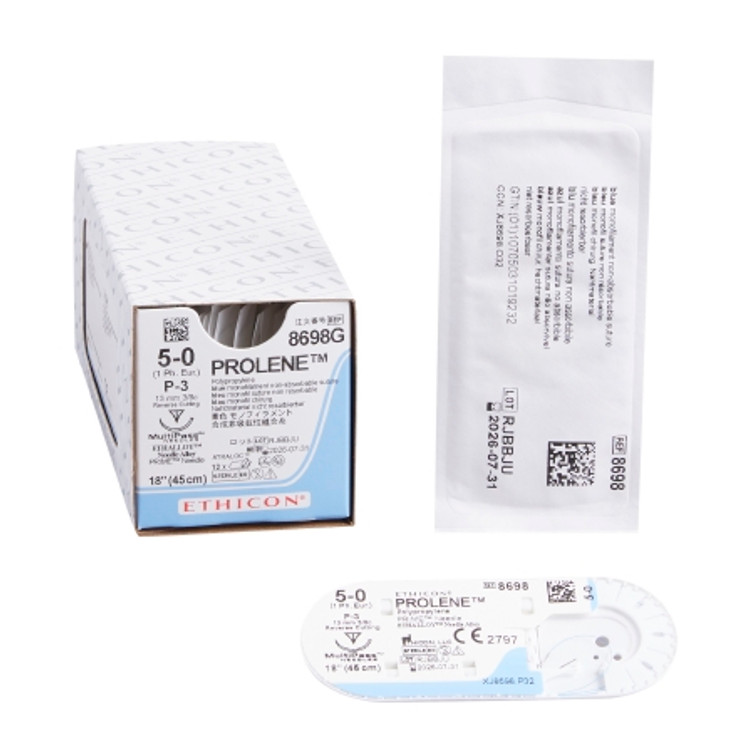 Suture with Needle Prolene Nonabsorbable Uncoated Blue Suture Monofilament Polypropylene Suture Size 5 - 0 18 Inch Suture 1-Needle 13 mm Length 3/8 Circle Precision Point - Reverse Cutting Needle 8698G Box/12
