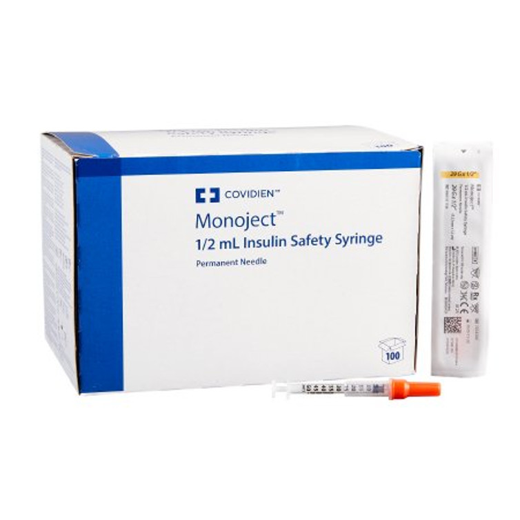 Insulin Syringe with Needle Monoject 0.5 mL 29 Gauge 1/2 Inch Attached Needle Sliding Safety Needle 8881511136
