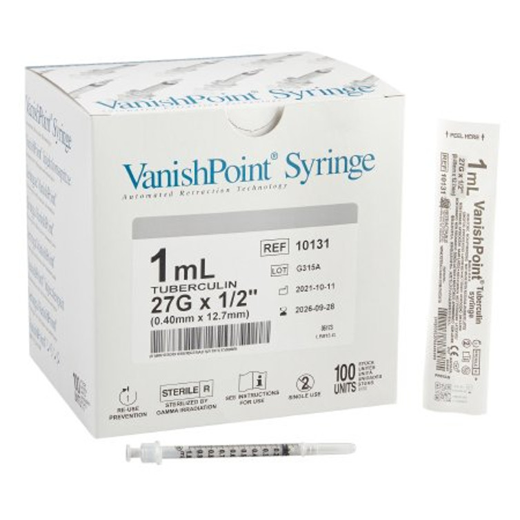 Tuberculin Syringe with Needle VanishPoint 1 mL 27 Gauge 1/2 Inch Attached Needle Retractable Needle 10131