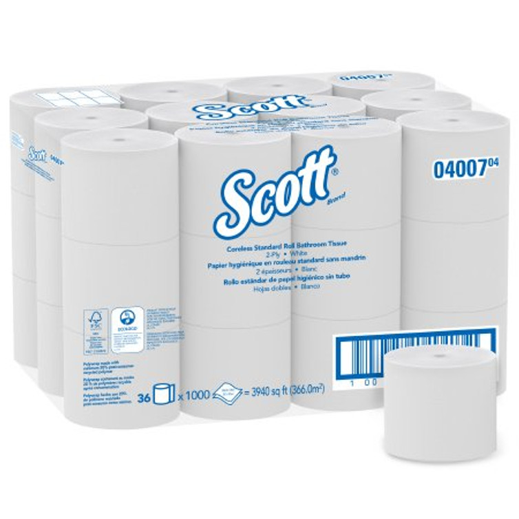 Toilet Tissue Scott Essential White 2-Ply Standard Size Coreless Roll 1000 Sheets 3-9/10 X 4 Inch 04007 Case/36