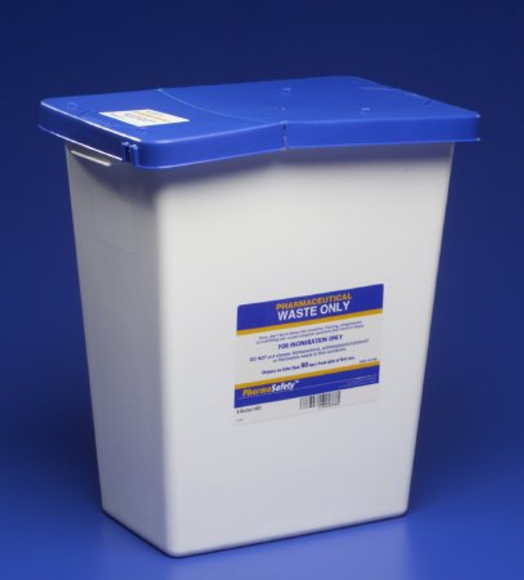 Pharmaceutical Waste Container PharmaSafety 18-3/4 H X 12-3/4 D X 18-1/4 W Inch 12 Gallon White Base / Blue Lid Vertical Entry Gasketed Hinged Lid 8860-