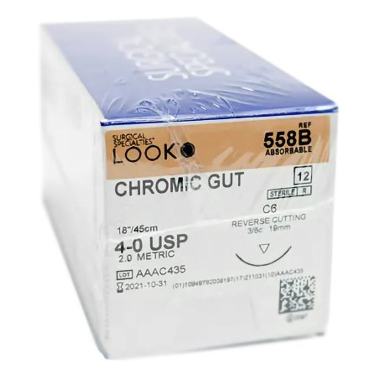 Suture with Needle LOOK Absorbable Uncoated Undyed Suture Chromic Gut Size 4 - 0 18 Inch Suture 1-Needle 19 mm Length 3/8 Circle Reverse Cutting Needle 558B Box/12