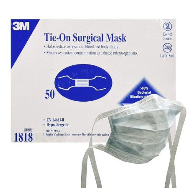Surgical Mask 3M Pleated Tie Closure One Size Fits Most White NonSterile Not Rated Adult 1818 Box/50