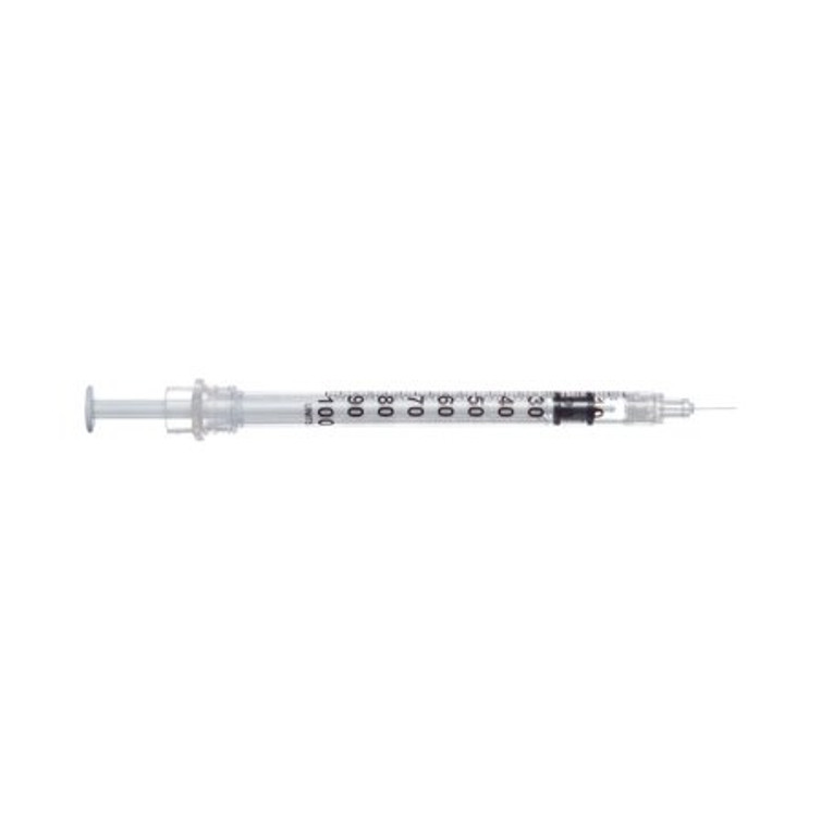 Insulin Syringe with Needle Sol-Care 1 mL 28 Gauge 1/2 Inch Attached Needle Retractable Needle 100071IM