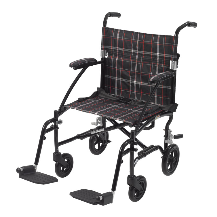 Transport Wheelchair drive Fly-Lite Aluminum Frame with Black Finish 300 lbs. Weight Capacity Full Length / Fixed Height / Padded Arm Black / White / Red Plaid Upholstery DFL19-BLK Each/1