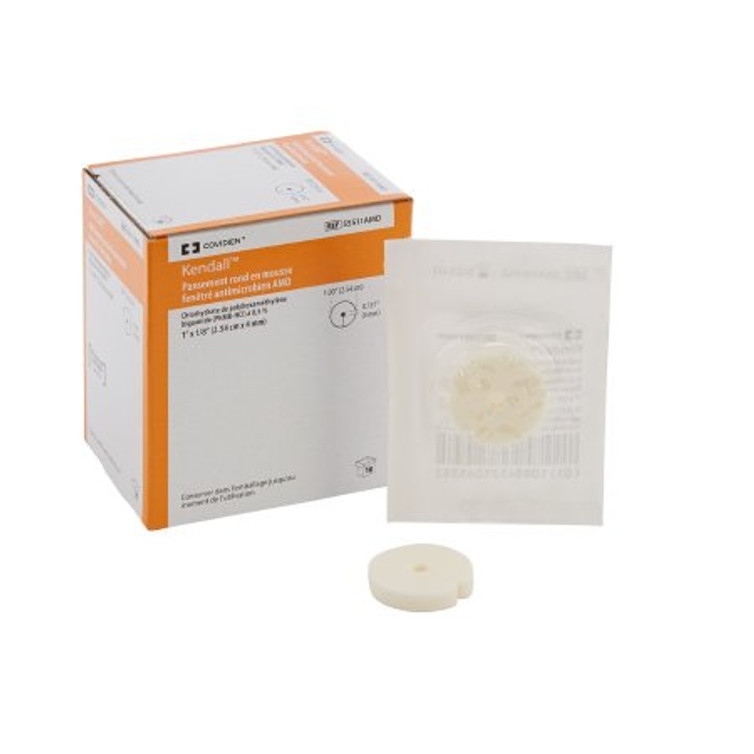 Antimicrobial Foam Dressing Kendall AMD 1 Inch Diameter Fenestrated Round Non-Adhesive without Border Sterile 55511AMD