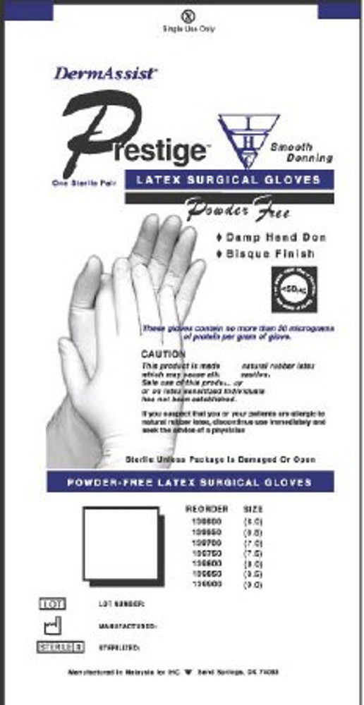 Surgical Glove DermAssist Prestige Size 8 Sterile Pair Polyisoprene Extended Cuff Length Fully Textured Ivory Not Chemo Approved 134800 Box/25