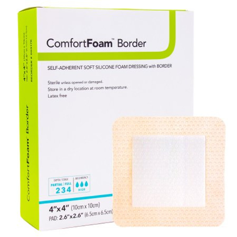 Silicone Foam Dressing ComfortFoam Border 4 X 4 Inch Square Silicone Adhesive with Border Sterile 00317E