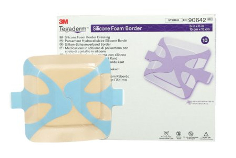 Silicone Foam Dressing 3M Tegaderm 6 X 6 Inch Square Silicone Adhesive with Border Sterile 90642