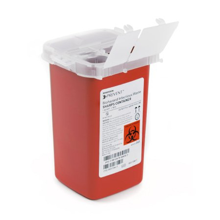 Sharps Container McKesson Prevent 6-1/4 H X 4-1/4 W X 4-1/4 D Inch 1 Quart Red Base / Translucent Lid Vertical Entry 3 Hinged Snap On Lid 065