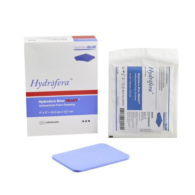 Antibacterial Foam Dressing HydraferaBLUE READY 4 X 5 Inch Rectangle Non-Adhesive without Border Sterile HBRS4520