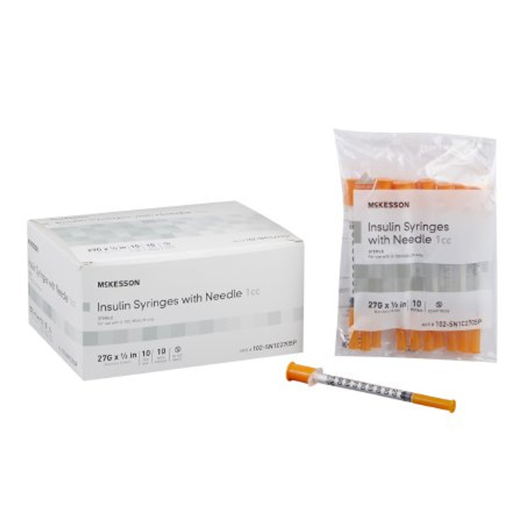 Insulin Syringe with Needle McKesson 1 mL 27 Gauge 1/2 Inch Attached Needle Without Safety 102-SN1C2705P