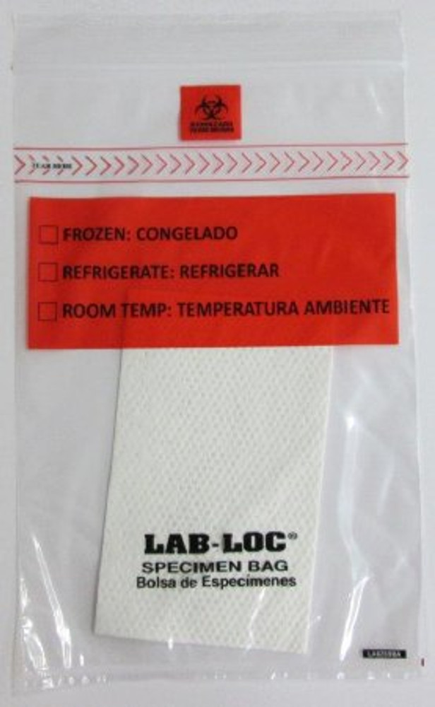 Specimen Transport Bag with Document Pouch and Absorbent Pad Lab-Loc 6 X 9 Inch LDPE Zip Closure Biohazard Symbol / Storage Instructions NonSterile LABZ69BA