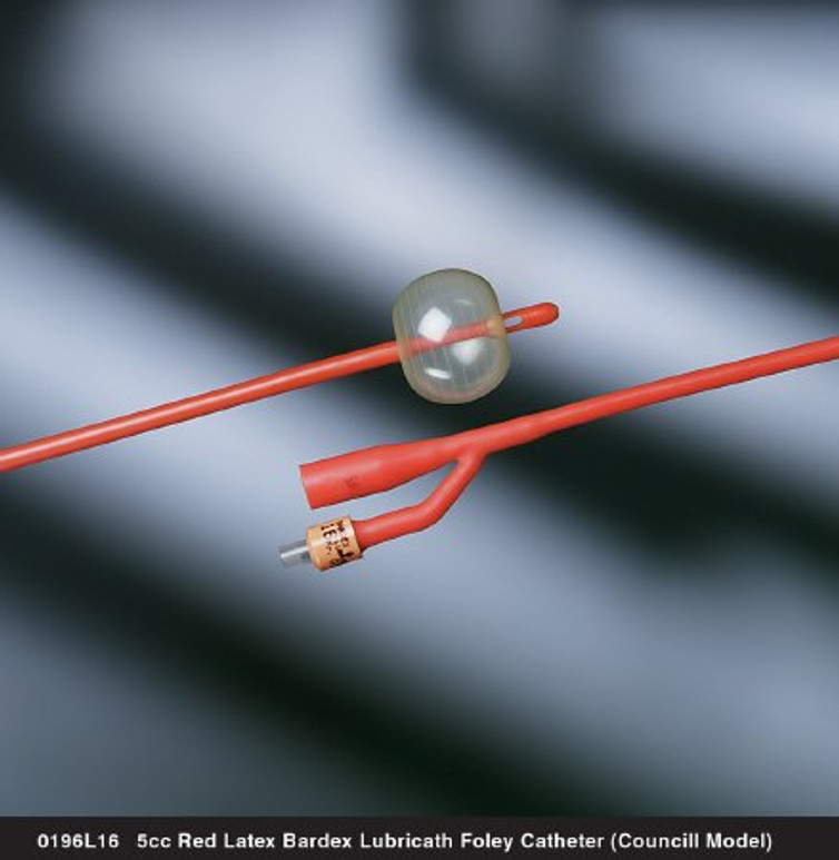 Foley Catheter Bardex Lubricath 2-Way Council Tip 5 cc Balloon 20 Fr. Red Rubber 0196L20 Each/1