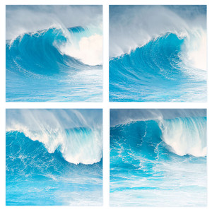 Set of four prints depicting aqua blue waves cresting at the Jaws surf break in Maui. Set of four prints depicting aqua blue waves cresting at the Jaws surf break in Maui.