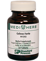 Coleus Forte by Medi Herb (Standard Process)  60 Tablets

Coleus Forte is made from the root of Coleus forskohlii, which contains the labdane diterpene forskolin as a major constituent. This product is standardized to contain 18.7 mg of forskolin per tablet to ensure optimal strength and quality. Coleus Forte may:
aid moderate weight loss in conjunction with a balanced, calorie-controlled diet and exercise program
help the body maintain healthy weight
help maintain normal blood pressure already within a normal range
support and maintain cellular health
promote healthy digestion
maintain normal thyroid function* 

Suggested Use:1 tablet 2-3 times daily, or as directed.