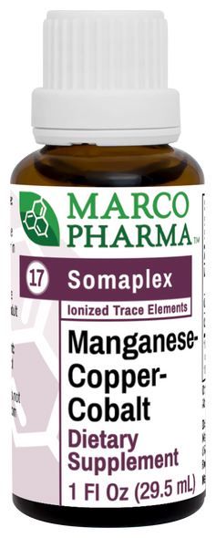 Manganese Copper Cobalt Somaplex No. 17 by Marco Pharma 1 oz (29.5 ml) Manganese Copper Cobalt Somaplex No. 17 by Marco Pharma 1 oz (29.5 ml)