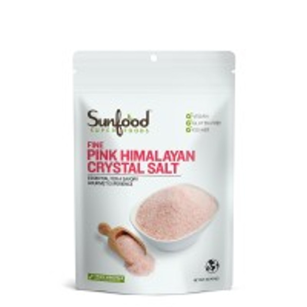 Non-GMO Project Verified, Organic, Vegan, Kosher 
Pure salt crystals from the Himalayan Mountains crushed into a fine powder. A natural mineral rich alternative to table salt.

100% Raw Pink Himalayan Salt From deep within the Himalayan mountains come 250 million year old pure salt crystals.  Unlike common table salta highly refined industrial byproduct otherwise known as sodium chlorideHimalayan salt is completely pure.  Because of its purity, Himalayan salt may naturally harmonize the bodys alkaline/acidity balance and regulate water content.  In addition, the high quality sodium can help facilitate the normal absorption of nutrients from food.

The Sunfood Difference Himalayan salt crystals have been crushed into a fine powder to make this holistic, natural salt fine enough to be used in a common salt shaker.  With an exquisite pink hue, our Himalayan salt naturally contains a trace mineral complex in a form that can be easily assimilated by the body.  This salt is truly wholesome and delicious!