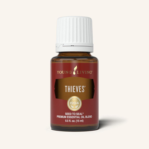 Thieves® essential oil is a legendary blend of purifying essential oils, Clove, Lemon, Cinnamon Bark, Eucalyptus radiata, and Rosemary, known for immune support and cleansing properties when taken internally and refreshing breathing experiences aromatically and topically.*