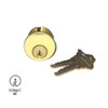 GMS M100-SC-03 brass finish mortise cylinder with 2 keys showing keyway profile