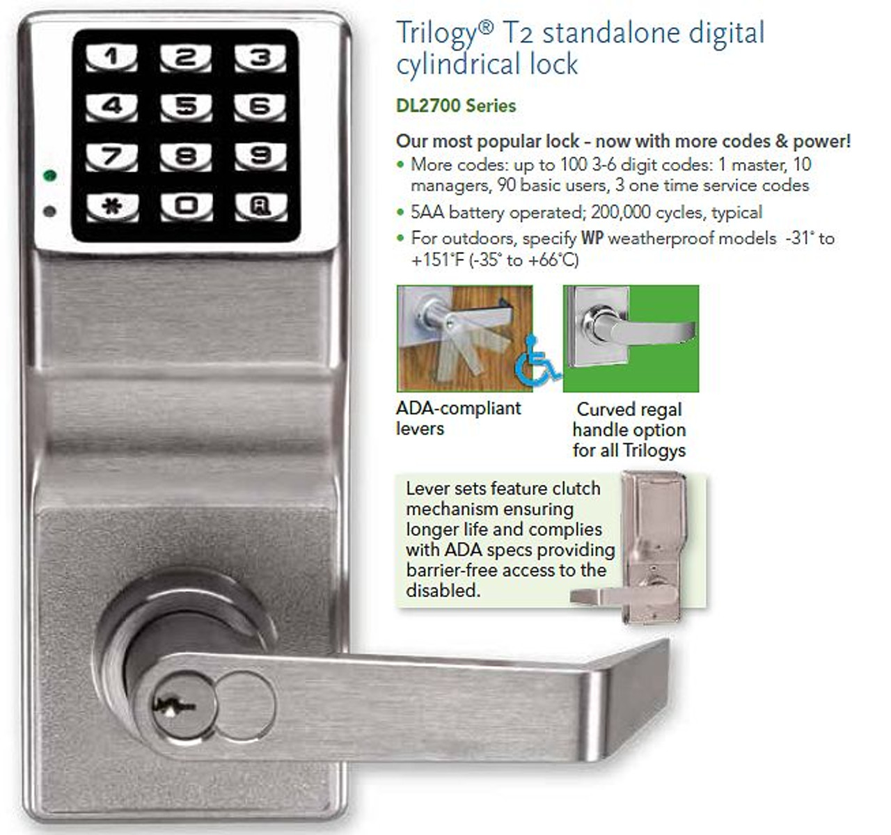 Alarm Lock DL2700IC 26D Trilogy Electronic Pushbutton Lock T2