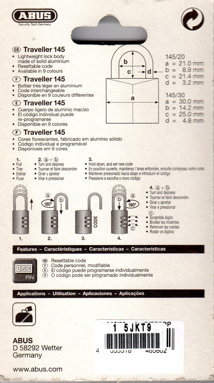 Abus 145/40 Orange Combination Padlock 4 Digit