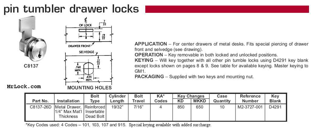 CompX National C8137 26D Desk/Drawer Lock, Keyed Alike 107
