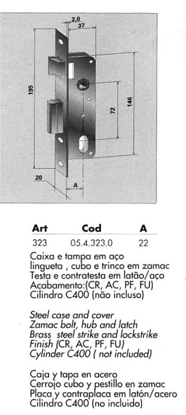 MTS Papaiz 323 US26 Mortise Lock Body, Chrome Finish Faceplate